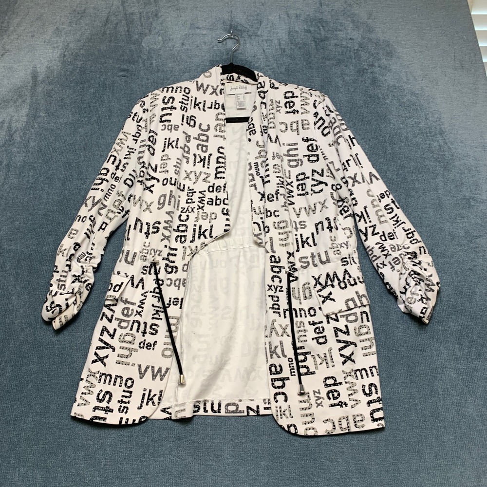 Joseph Ribkoff Black Vanilla Silver Jacket Womens 6 Alphabet Print Ruched Sleeve